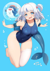 Rule 34 | 1girl, absurdres, air bubble, alternate breast size, artist name, barefoot, bloop (gawr gura), blue background, blue eyes, blue hair, blue one-piece swimsuit, blunt bangs, breasts, bubble, commentary, english commentary, erotanuki, fins, fish tail, gawr gura, hair ornament, highres, hololive, hololive english, large breasts, looking at viewer, medium hair, nail polish, one-piece swimsuit, shark, shark girl, shark hair ornament, shark tail, sharp teeth, silver hair, single thighhigh, solo, swimsuit, tail, teeth, thighhighs, thighs, two side up, virtual youtuber, water, white thighhighs