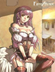 Rule 34 | 1girl, bare shoulders, boots, braid, breasts, choker, cleavage, corset, dagger, eika (artist), first blade, garter belt, knife, lingerie, long hair, medieval, original, pink hair, solo, thigh boots, thighhighs, underwear, weapon, yellow eyes