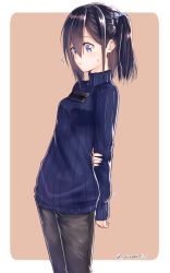 Rule 34 | 1girl, arm at side, arm behind back, arms behind back, balancing, black pants, blue bow, blue eyes, blue sweater, bow, breasts, cellphone, closed mouth, eyebrows, hair between eyes, hair bow, high collar, highres, holding own arm, kyoo-kyon (kyo-kyon), long sleeves, looking down, medium breasts, motion lines, original, pants, parody, phone, ribbed sweater, side ponytail, smartphone, solo, standing, suzunari shizuku, sweatdrop, sweater, tawawa challenge, twitter username, two-tone background, yuki arare