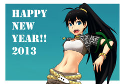 Rule 34 | 10s, 1girl, 2013, :d, animal, arisato 3, belt, black hair, blue eyes, breasts, earrings, ganaha hibiki, happy new year, heart, highres, idolmaster, idolmaster (classic), jewelry, long hair, looking at viewer, medium breasts, midriff, navel, new year, open mouth, ponytail, smile, snake, solo