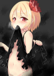 Rule 34 | 1girl, absurdres, alternate costume, bare shoulders, black background, black dress, blonde hair, blush, bottomless, breath, clothes lift, commentary request, dirty, dirty hands, dress, dress lift, fang, groin, hair between eyes, hair ribbon, highres, indica, lifted by self, looking at viewer, mouth hold, navel, out-of-frame censoring, red eyes, red ribbon, ribbon, rumia, short hair, solo, spaghetti strap, stomach, touhou