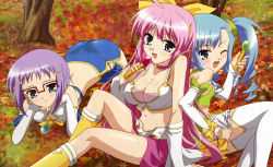 Rule 34 | 3girls, absurdres, ass, autumn leaves, blue hair, breasts, chouhou, choukaku, chouryou (renhou), cleavage, glasses, green eyes, highres, hiratsuka tomoya, koihime musou, multiple girls, official art, one eye closed, open mouth, pink hair, purple hair, siblings, sisters, thighhighs, wink