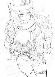 Rule 34 | 1girl, bell, blush, breasts, cleavage, dress, fur-trimmed dress, fur-trimmed headwear, fur collar, fur trim, gloves, goddess of victory: nikke, greyscale, highres, holding, holding weapon, jacket, large breasts, long hair, ludmilla (nikke), military jacket, monochrome, pantylines, skirt, solo, thighhighs, wavy hair, weapon, yougenko