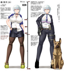 Rule 34 | 1girl, assault rifle, breasts, cleavage, dog, dog tags, formal, full body, german shepherd, glasses, gun, hand on own hip, highres, large breasts, necktie, original, pantyhose, pencil skirt, rifle, saizu nitou gunsou, short hair, silver hair, skirt, solo, suit, thighhighs, weapon, yellow eyes