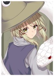 Rule 34 | 1girl, animal, bad id, bad pixiv id, blonde hair, commentary request, giant snake, hair ribbon, hat, highres, looking at viewer, looking back, mishaguji, moriya suwako, oversized animal, partial commentary, purple vest, ribbon, shinonome asu, snake, solo, touhou, tress ribbon, turtleneck, upper body, vest, white snake, yellow eyes
