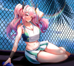 Rule 34 | 1girl, arm behind head, arm support, arm up, azur lane, bad id, bad pixiv id, bare shoulders, barefoot, blue sky, bottle, breasts, bremerton (azur lane), bremerton (scorching-hot training) (azur lane), chain-link fence, cleavage, cloud, collarbone, commentary request, crop top, crop top overhang, day, fence, full body, green shirt, green skirt, grey hair, groin, hair between eyes, hair intakes, hair ornament, hairclip, holding, holding bottle, holding racket, kuroha (rockluo213), large breasts, lens flare, lens flare abuse, long hair, looking at viewer, midriff, multicolored hair, navel, no mole, official alternate costume, outdoors, palm leaf, palm tree, pink eyes, pink hair, pleated skirt, racket, rainbow, revision, shirt, sidelocks, sitting, skirt, sky, sleeveless, sleeveless shirt, smile, solo, sportswear, streaked hair, sweat, sweatdrop, tennis uniform, tree, twintails, two-tone hair, two-tone shirt, two-tone skirt, water bottle, white shirt, white skirt, wristband, x hair ornament, yokozuwari