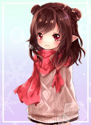 Rule 34 | 1girl, bad id, bad pixiv id, black skirt, brown hair, brown sweater, double bun, final fantasy, final fantasy xiv, hair bun, lalafell, long hair, pointy ears, red eyes, red scarf, scarf, skirt, solo, sweater, upper body, yume derika