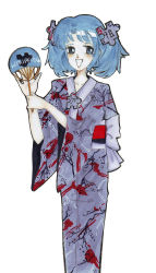 Rule 34 | 80s, blue hair, chinese text, english text, grin, hair ornament, hand fan, himitsu (artist), holding, holding fan, japanese clothes, japanese text, kimono, looking past viewer, oldschool, retro artstyle, simple background, smile, white background, wikipe-tan, wikipedia, yukata