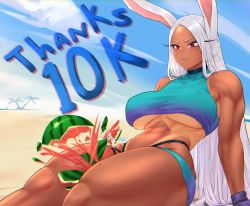 Rule 34 | 1girl, abs, animal ears, artist name, bare shoulders, beach, between thighs, bikini, blue bikini, boku no hero academia, breasts, choker, commentary, crushing, dark-skinned female, dark skin, english commentary, english text, food, fruit, gabriel carrasquillo, gloves, highres, large breasts, long eyelashes, long hair, looking at object, milestone celebration, mirko, muscular, muscular female, navel, outdoors, palm tree, parted bangs, parted lips, purple gloves, rabbit ears, rabbit girl, red eyes, sitting, skindentation, sky, solo, suikawari, swimsuit, tan, tankini, tanline, thank you, thick thighs, thighs, toned, tree, underboob, very long hair, watermelon, watermelon between thighs, white hair