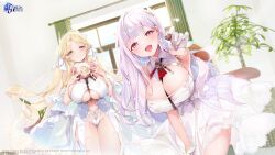 Rule 34 | 2girls, absurdres, armpits, azur lane, bare arms, bare shoulders, between breasts, blonde hair, blue eyes, breasts, brest (azur lane), candy, center opening, chocolate, chocolate heart, cleavage, cleavage cutout, clothing cutout, dress, flower, food, grin, hands up, heart, highleg, highres, holding, huge breasts, kanola u, large breasts, leaning forward, long hair, looking at viewer, multiple girls, navel, official art, open mouth, outstretched arm, parted bangs, pink eyes, plymouth (azur lane), pointy ears, revealing clothes, rose, skindentation, sleeveless, sleeveless dress, smile, stomach, thigh gap, thighs, underboob, valentine, very long hair, white dress, white hair
