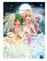 Rule 34 | 10s, 2girls, absurdres, bare shoulders, blonde hair, blue eyes, boots, dress, earrings, flower, gloves, green hair, highres, jewelry, long hair, macross, macross frontier, macross frontier: sayonara no tsubasa, microphone, microphone stand, multiple girls, music, open mouth, ranka lee, red eyes, sheryl nome, short dress, short hair, singing, single earring, strapless, thigh boots, thighhighs