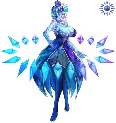 Rule 34 | absurdres, blue dress, blue eyes, blue hair, blue skin, breasts, calamity mod, colored skin, crown, cryogen, crystal hair, crystal skin, dress, highres, huge breasts, ice, ice cube, icicle, personification, tagme, terraria, tntheaven, white background
