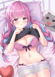Rule 34 | 1girl, absurdres, ahoge, blue hair, blunt bangs, blush, bra, braid, breasts, cleavage, clothes lift, colored inner hair, highres, hololive, long hair, looking at viewer, lying, minato aqua, multicolored hair, navel, neko (minato aqua), on back, on bed, open mouth, panties, parted lips, pink bra, pink panties, purple eyes, purple hair, shirt lift, shorts, solo, streaked hair, striped clothes, striped shorts, twin braids, twintails, two-tone hair, underwear, uni ikura, virtual youtuber