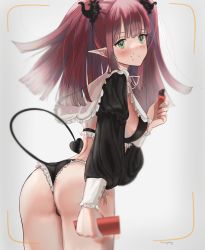Rule 34 | 1girl, ass, candy, chocolate, cowboy shot, demon, eating, food, green eyes, highres, horns, long hair, looking back, pointy ears, red hair, rizu-kyun, solo, sono bisque doll wa koi wo suru, tail