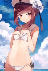 Rule 34 | 10s, 1girl, anchor, bare arms, beret, bikini, blush, bow, breast suppress, brown eyes, brown hair, character name, closed mouth, clothes writing, cloud, cloudy sky, collarbone, cowboy shot, day, eyebrows, eyelashes, flat chest, gluteal fold, hands on own chest, hat, hat bow, horizon, kantai collection, lens flare, looking at viewer, looking to the side, matching hair/eyes, navel, ocean, outdoors, sailor bikini, sailor collar, short hair, short hair with long locks, shugao, side-tie bikini bottom, sidelocks, sky, smile, smiley face, solo, stomach, string bikini, striped, striped bow, swimsuit, white bikini, z3 max schultz (kancolle)