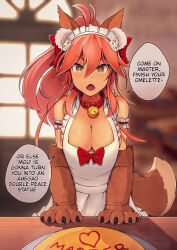 Rule 34 | 1girl, absurdres, alterkyon, animal ears, animal hands, apron, arm garter, bell, bow, breasts, brown eyes, cat hair ornament, cat paws, english text, fate/grand order, fate (series), fox ears, fox girl, fox tail, gloves, hair between eyes, hair bow, hair ornament, highres, jingle bell, large breasts, long hair, looking at viewer, maid headdress, naked apron, neck bell, paw gloves, pink hair, ponytail, red bow, solo, speech bubble, tail, tamamo (fate), tamamo cat (fate), tamamo cat (third ascension) (fate), white apron