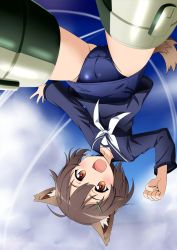 Rule 34 | 10s, 1girl, :d, ahoge, animal ear fluff, animal ears, blush, brave witches, brown eyes, brown hair, cameltoe, clenched hand, cloud, cloudy sky, collarbone, contrail, day, flying, gluteal fold, hair ornament, hairclip, karibuchi hikari, looking at viewer, matching hair/eyes, military, nekota susumu, open mouth, outdoors, ribbon, school swimsuit, school uniform, serafuku, short hair, sky, smile, solo, squirrel ears, squirrel tail, striker unit, swimsuit, swimsuit under clothes, tail, uniform, upside-down, white ribbon, world witches series