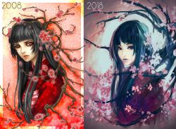 Rule 34 | 2girls, artist progress, black eyes, blue hair, blunt bangs, branch, cherry blossoms, dated, japanese clothes, kimono, long hair, looking at viewer, multiple girls, original, red eyes, red kimono, upper body, watermark, web address, yuumei