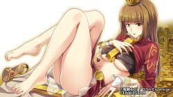 Rule 34 | 1girl, breasts, brown hair, clothes lift, feet, gold, highres, large breasts, legs, long hair, looking at viewer, lying, mature female, midriff, money, navel, no panties, official art, parted lips, skirt, solo, thick thighs, thighs, umineko no naku koro ni, underboob, ushiromiya rosa