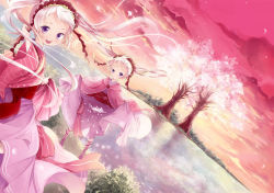 Rule 34 | 2girls, blue eyes, cherry blossoms, hairband, japanese clothes, kaedena akino, kimono, miyabi akino, multiple girls, original, petals, siblings, sisters, sky, smile, twins, white hair