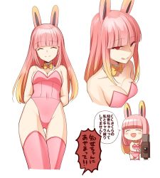 Rule 34 | 1girl, animal ears, bare shoulders, blunt bangs, blush stickers, bow, breasts, chibi, choker, cleavage, closed eyes, facing viewer, fake animal ears, fate/grand order, fate (series), leotard, licking lips, long hair, medium breasts, movie camera, multiple views, navel, nyakelap, open mouth, pink hair, pink thighhighs, playboy bunny, rabbit ears, red eyes, riyo servant (bunnygirl) (fate), shaded face, thighhighs, tongue, tongue out, translation request, white background, yellow bow