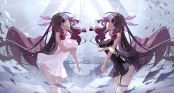 Rule 34 | 2girls, absurdres, ai dongdong, bare arms, bare shoulders, black dress, breasts, columbina (genshin impact), commentary request, cowboy shot, dress, dual persona, garter straps, genshin impact, highres, large breasts, long hair, looking at viewer, multiple girls, purple eyes, purple hair, short dress, standing, strapless, strapless dress, thigh strap, thighs, very long hair, white dress