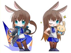 Rule 34 | 1girl, ;d, absurdres, amiya (arknights), animal ear fluff, animal ears, arknights, bare arms, bare shoulders, black footwear, blue eyes, blue skirt, brown hair, brown pantyhose, hair down, highres, holding, holding stuffed toy, jewelry, long hair, low ponytail, multiple views, one eye closed, open mouth, pantyhose, pleated skirt, ponytail, rabbit ears, ring, shirt, shoes, skirt, sleeveless, sleeveless shirt, smile, spam (spamham4506), sparkle, stuffed animal, stuffed rabbit, stuffed toy, very long hair, white background, white shirt