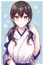 Rule 34 | 1girl, alternate hairstyle, breasts, brown eyes, brown hair, japanese clothes, kabocha torute, kaga (kancolle), kantai collection, large breasts, long hair, low twintails, solo, tasuki, twintails, upper body