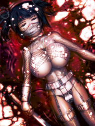 Rule 34 | 1girl, black hair, blood, breasts, censored, chastity belt, collar, convenient censoring, fishnet thighhighs, fishnets, gag, gagged, garter belt, gloves, large breasts, mask, ninja, original, panties, s zenith lee, side-tie panties, snow, solo, sword, thighhighs, twintails, underwear, weapon