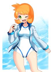 Rule 34 | 1girl, ;d, bad id, bad twitter id, breasts, collarbone, competition swimsuit, creatures (company), game freak, green eyes, gym leader, highres, holding, holding poke ball, jacket, long sleeves, looking at viewer, medium breasts, misty (pokemon), nintendo, one-piece swimsuit, one eye closed, open clothes, open jacket, open mouth, orange hair, poke ball, poke ball (basic), pokemon, pokemon hgss, short hair, smile, solo, standing, swimsuit, unzipped, white background, white jacket, white one-piece swimsuit, yuihico, zipper