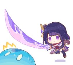 1girl blunt_bangs braid bridal_gauntlets chinese_commentary closed_mouth floating genshin_impact hair_ornament holding holding_weapon japanese_clothes katana kimono long_hair looking_to_the_side mole mole_under_eye multicolored_hair neck_ribbon nervous nervous_sweating off_shoulder pixel_art purple_eyes purple_hair purple_kimono purple_thighhighs raiden_shogun reaching reaching_towards_viewer red_ribbon red_sash ribbon sash shade shadow short_sleeves shuangfeng simple_background single_braid slime_(genshin_impact) streaked_hair surprised sweat sword thighhighs weapon white_background wide_sleeves