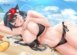 Rule 34 | 1girl, alternate breast size, artist name, azur lane, bare shoulders, beach, bikini, black bikini, black hair, black nails, blue eyes, blue sky, breasts, cameltoe, contrail, day, deutschland (azur lane), deutschland (service time?!) (azur lane), flower, front-tie bikini top, front-tie top, hair flower, hair ornament, highres, huge breasts, long hair, looking at viewer, lotion, lotion bottle, lying, multicolored hair, nail polish, navel, on side, outdoors, pixiv username, rainbow, red hair, side-tie bikini bottom, sky, smile, solo, starfish, streaked hair, summer, swimsuit, tnolize, very long hair, white hair