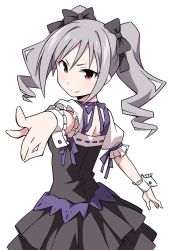 Rule 34 | 10s, 1girl, anbe masahiro, back cutout, bow, choker, clothing cutout, commentary request, dress, drill hair, frilled dress, frills, from side, hair between eyes, hair bow, idolmaster, idolmaster cinderella girls, kanzaki ranko, outstretched arms, pointing, pointing at viewer, puffy short sleeves, puffy sleeves, red eyes, short sleeves, sidelocks, silver hair, sketch, smile, solo, spread arms, twin drills, white background, wrist cuffs