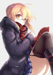Rule 34 | 1girl, ahoge, artoria pendragon (all), artoria pendragon (fate), blonde hair, boots, fate/grand order, fate (series), glasses, grey background, high boots, highres, jacket, jazztaki, looking at viewer, mysterious heroine x alter (fate), mysterious heroine x alter (first ascension) (fate), open mouth, saber (fate), scarf, semi-rimless eyewear, sitting, skirt, solo, thighhighs, thighs, under-rim eyewear, yellow eyes