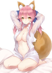 Rule 34 | 10s, 1girl, animal ears, arms up, bad id, bad pixiv id, bare legs, barefoot, bed sheet, blush, breasts, cleavage, collarbone, collared shirt, commentary request, dress shirt, fate/extra, fate (series), fox ears, fox girl, fox tail, hands in hair, large breasts, long hair, long sleeves, looking at viewer, navel, open clothes, open shirt, parted lips, pillow, pink hair, seiza, shirt, sidelocks, sitting, solo, tail, tamamo (fate), tamamo no mae (fate/extra), white background, white shirt, yuzu-aki