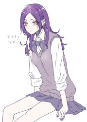 Rule 34 | 1girl, blue skirt, bow, bowtie, collared shirt, commentary request, dress shirt, ear piercing, earrings, grey sweater vest, highres, invisible chair, jewelry, long hair, looking at viewer, original, parted lips, piercing, pleated skirt, purple bow, purple bowtie, purple hair, sakashima 0822, school uniform, shirt, sidelocks, simple background, sitting, skirt, sleeves past elbows, solo, sweater vest, translation request, white background, white shirt, yellow eyes