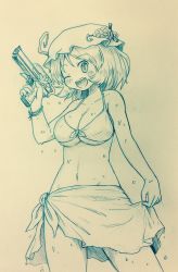 Rule 34 | aki minoriko, arinu, blush, bra, breasts, commentary request, hat, highres, large breasts, monochrome, one eye closed, open mouth, sarong, short hair, touhou, underwear, water gun
