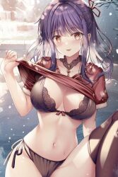 Rule 34 | 1girl, black bra, black panties, black thighhighs, blush, bra, breasts, cleavage, clothes lift, commentary request, hair ribbon, highres, lifting own clothes, long hair, looking at viewer, medium breasts, nanami yuuno, navel, panties, purple hair, red eyes, red shirt, ribbon, shirt, shirt lift, side-tie panties, sidelocks, sitting, smile, snow, solo, sousouman, thighhighs, tongue, tongue out, twinbox school, underwear, water, waterfall