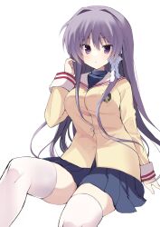 Rule 34 | 1girl, arm at side, blazer, blue skirt, blush, bow, breasts, clannad, commentary, feet out of frame, floating hair, fujibayashi kyou, hair bow, hair intakes, hair ribbon, hand up, highres, hikarizaka private high school uniform, jacket, large breasts, long hair, long sleeves, looking at viewer, miniskirt, parted lips, pleated skirt, purple eyes, purple hair, ribbon, sailor collar, school uniform, simple background, sitting, skirt, solo, straight hair, takepoison, thighhighs, thighs, tress ribbon, very long hair, white background, white bow, white ribbon, white sailor collar, white thighhighs, yellow jacket, zettai ryouiki