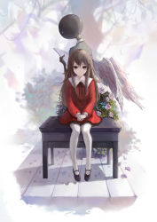 Rule 34 | 1girl, brown eyes, brown hair, closed mouth, deemo, deemo (character), dress, expressionless, feathered wings, flower, forget-me-not (flower), full body, girl (deemo), highres, long hair, long sleeves, looking at viewer, mary janes, neck ribbon, pantyhose, puffy long sleeves, puffy sleeves, red dress, ribbon, shoes, sidelocks, sishenfan, sitting, white pantyhose, white wings, wings