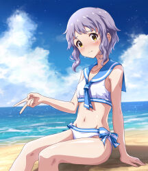 Rule 34 | 1girl, arm support, beach, bikini, blue bow, blue neckerchief, blue sailor collar, blue sky, blush, bow, breasts, closed mouth, cloud, collarbone, commentary, day, embarrassed, hand up, highres, idolmaster, idolmaster million live!, idolmaster million live! theater days, legs, looking at viewer, makabe mizuki, navel, neckerchief, ocean, on floor, purple hair, rocktaso co ltd, sailor collar, sailor swimsuit (idolmaster), sand, shadow, short hair, side-tie bikini bottom, sidelocks, sitting, sky, small breasts, solo, stomach, swimsuit, thighs, v, wavy hair, white bikini, yellow eyes