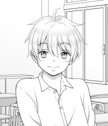 Rule 34 | 1boy, ahoge, buttons, chair, classroom, closed mouth, collared shirt, commentary request, day, desk, greyscale, hair between eyes, highres, indoors, looking at viewer, male focus, mitsuhashitohru pxv, monochrome, open collar, original, school chair, school desk, shelf, shirt, short hair, smile, solo, upper body, window
