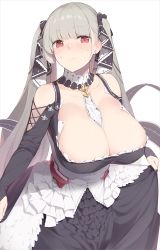 Rule 34 | 1girl, azur lane, bad id, bad pixiv id, bare shoulders, between breasts, black dress, blush, breasts, cleavage, closed mouth, clothes lift, collarbone, dress, dress lift, earrings, enosan, formidable (azur lane), frilled dress, frills, from above, grey hair, hair ribbon, highres, huge breasts, jewelry, lifting own clothes, long hair, long sleeves, looking at viewer, nail polish, red eyes, ribbon, simple background, solo, sweat, twintails, very long hair, white background