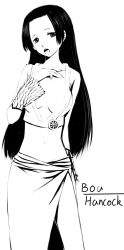 Rule 34 | 1girl, black hair, boa hancock, breasts, cleavage, female focus, highres, jacket, long hair, long image, long skirt, navel, one piece, outline, side slit, skirt, solo, tall image