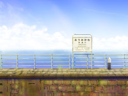 Rule 34 | blue sky, cloud, commentary request, day, english text, fence, geshi, grass, hiragana, kanji, no humans, ocean, original, plant, scenery, sign, sky