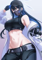 Rule 34 | 1girl, arm up, armband, bare shoulders, baseball cap, belt, black belt, black gloves, black hair, black hat, black mask, black pants, black shirt, blue archive, blue eyes, blue hair, breasts, buckle, chest harness, coat, colored inner hair, commentary request, covered mouth, cowboy shot, crop top, gloves, groin, halo, harness, hat, highres, large breasts, long hair, long sleeves, looking at viewer, makiri akira, mask, midriff, mouth mask, multicolored hair, navel, off shoulder, pants, saori (blue archive), shirt, simple background, sleeveless, sleeveless shirt, snap-fit buckle, solo, standing, taut clothes, taut shirt, two-tone hair, underbust, white background, white coat