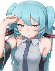 Rule 34 | 1girl, abmayo, aqua hair, bare shoulders, breasts, collared shirt, detached sleeves, green necktie, grey shirt, hair ornament, hand in own hair, hatsune miku, highres, long hair, looking at viewer, medium breasts, necktie, shirt, sleeveless, sleeveless shirt, solo, twintails, upper body, vocaloid