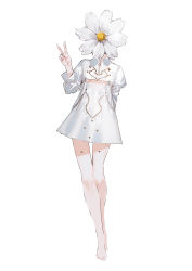 Rule 34 | 1girl, absurdres, dress, flower, full body, highres, object head, original, petals, reoen, simple background, solo, v, white background, white dress, white theme