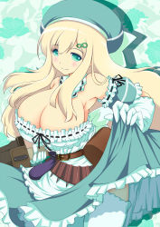 Rule 34 | 10s, 1girl, aqua eyes, bare shoulders, belt, blonde hair, blush, breasts, cleavage, clothes lift, detached sleeves, dress, dress lift, floral background, frills, gloves, hair ornament, hat, highres, huge breasts, long hair, makumaxu, pouch, senran kagura, skirt, skirt lift, smile, solo, sword, thighhighs, weapon, white thighhighs, yomi (senran kagura)