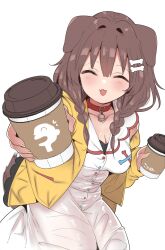 Rule 34 | 1girl, :3, animal collar, animal ears, bone hair ornament, braid, breasts, brown hair, brown tail, cartoon bone, cleavage, closed eyes, coffee cup, collar, cup, disposable cup, dog ears, dog girl, dog tail, hair ornament, highres, hololive, inugami korone, inugami korone (1st costume), jacket, low twin braids, medium breasts, open mouth, outstretched hand, pov, reaching, reaching towards viewer, red collar, solo, suzuki toto, tail, twin braids, virtual youtuber, white background, yellow jacket